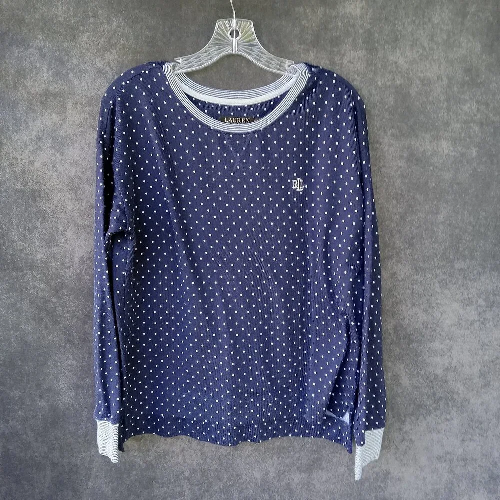 Lauren‎ Ralph Lauren Women's Blue Polka Dot Luxury Logo Top/Pajama Top Size M